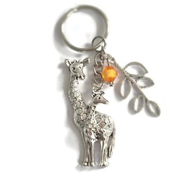 GIRAFFE mother & child silver alloy keychain keyring animal lover birthday Xmas present, Giraffe zoo safari travel novelty party bag favors gift