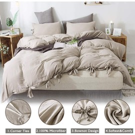 annadaif Khaki Duvet Cover Queen Size, 3 Pieces Soft Washed Microfiber Duvet Cover Set, Comforter Cover with Bowknot Bow Tie (1 Duvet Cover 90x90 Inch, 2 Pillowcases) Easy Care Bedding Set