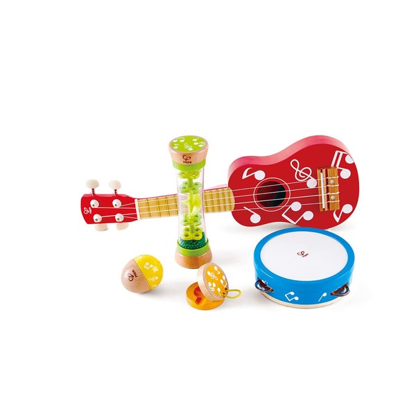 Hape Mini Band Instrument Set | Five Piece Wooden Instrument Music Set for Kids, Red