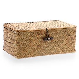 IGNPION Seagrass Storage Basket with Lid Woven Seagrass Desktop Basket Rectangular Bathroom Storage Organiser Box, Shelves & Desks Decorative Basket Multipurpose storage Hamper (Caramels, S)