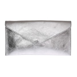 Girly Handbags Womens Genuine Leather Italian Metallic Shimmer Envelope Wrist Clutch Bag Evening Bag- Silver