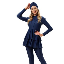 OBEEII Womens Muslim Swimsuits Full Coverage Long Sleeve Swimwear Burkini Hijab Bathing Suit, Blue, Medium