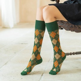 RosyClouds Womens Girls Knee High Socks Green Vintage Argyle Novelty Socks