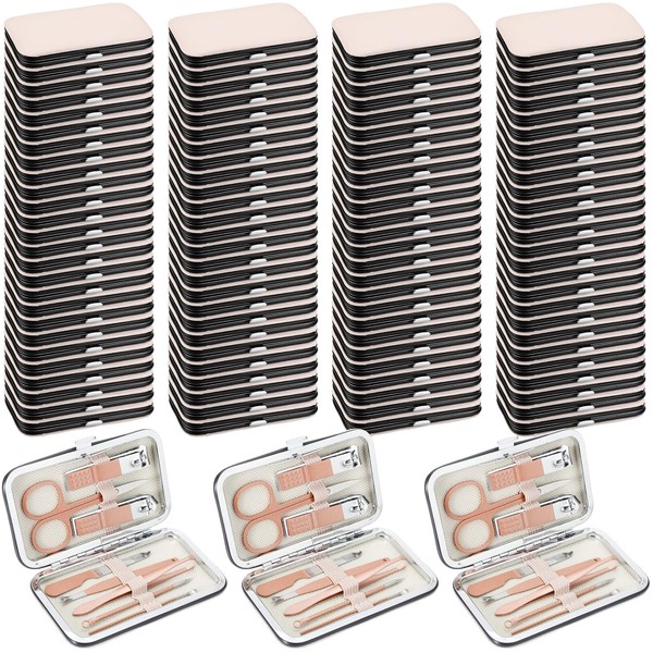 Lasnten 100 Sets Manicure Set Bulk Stainless Steel Pedicure Set Professional Nail Care Kit Nail Clippers Kit with Travel Case Portable Grooming Kits for Husband Men Women Family (Rose Gold,8 in 1)