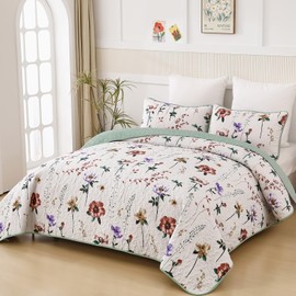 Anibedding Floral Quilt Set King,3 Pieces Red & Purple Flower Pattern Bedspread with 2 Pillowcases, Reversible Lightweight Bedding Sets King (104"x90")