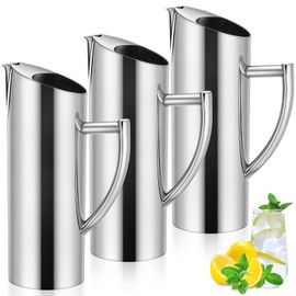 Yiyiring 3 Pack Stainless Steel Pitcher with Ice Guard, 53 oz Silver Beveled Mouth Modern Polished Kettle with Handle Metal Serving Pitcher Iced/Hot Drink Jug for Tea, Coffee, Juice, Beer
