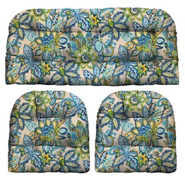 RSH DECOR: 3-Piece Wicker Tufted Cushion Set | 41” x 19" & 19" x 19" | All-Weather Spun Fabric | Water Resistant | Outdoor Loveseat & U-Shape Cushions for Patio Furniture | Copeland Caribe Blue Floral