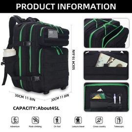 Lovelinks21 45L Tactical Assault Backpack - 3 Day Assault Pack with MOLLE Waterproof Rucksack (Back Green)
