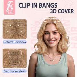 TESS Bangs Hair Clip 360° 3D Cover Lace Cover 100% Real Human Hair Lace Base HairPieces for Women Daily Wear Natural Look 10 Inch Side, Honey Blonde