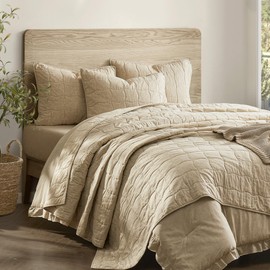 Wonderful Natural Linen Quilt King, Cotton Linen Quilt Set Cotton Filling, 3 Piece Pre-Washed Flaxen Bedspread Coverlet, Wavy Box Stitched Flax Cloth Quilted Bedding Set for All Season