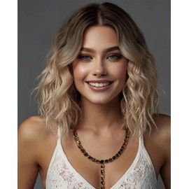 MeaYOO Blonde Wig for White Women, Short Ombre Blonde Wavy Wig with Lace, Shoulder Length Middle Part Curly Wavy Bob Wig, Natural Looking Synthetic Heat Resistant Fiber Wig, Party Cosplay Wig 14 Inch