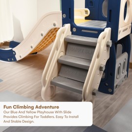 Childlike Behavior Playhouse with Slide and L-Stair - Basketball Hoop Indoor or Outdoor Playground Set for Toddlers - Handrail, Baby Climber Playset Playground Freestanding Slide Beige & Grey