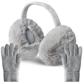 TirEurt Winter Earmuffs, Knitted Touchscreen Gloves Set, 2 Pieces, Winter Plush Ear Warmers, Knitted Gloves, Fluffy Earmuffs, Ear Muffs, Finger Gloves for Cold Weather, gray