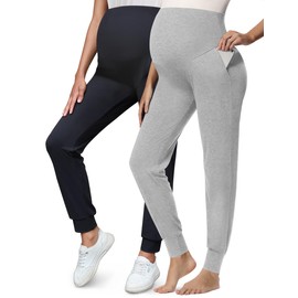 Peauty Maternity Pants for Women Black Sweatpants Joggers Pregnancy Clothes Lounge Yoga Petite High Waist (Black+Medium Heather Gray S)