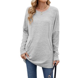 Famulily Women's Long Sleeve Round Neck Winter Warm Sweaters, Solid Color Pullover Tops Tunic Jumper with Pockets (S, Grey)