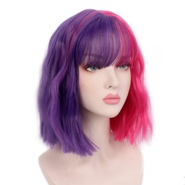 Reewes Fashion Bob Pastel Wigs for Women Short Blue Pink Peach Red Wave Style Cosplay Curly Wig with Bang for Party, Hallowed Use, Daily Costume, Cosplay