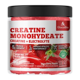 GlucoBio Creatine Monohydrate Gummies (5g) – Pre-Workout Energy & Muscle Growth Support for Men & Women | Strawberry Electrolyte Gummies (135 Count)