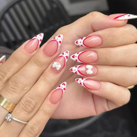 Medium Press on Nails Almond Fake Nails with White French Tip Red Hearts Designs 3D BOW Glue on Nails Press ons Nude False Nails Glossy Artificial Stick on Nails for Women 24 Pcs