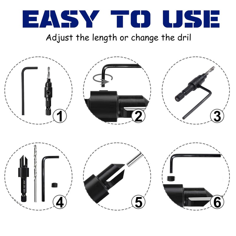 Wood Countersink Drill Bit Set, 5pcs Quick Change Adjustable Countersink