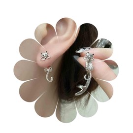 Inilbran Boho Cat Ear Jacket Earrings Silver Cat Stud Earrings Vintage Cat Jacket Earrings Tiny Funny Cat Earrings Jewellery for Women and Girls, Zinc, No Gemstone