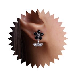 Aneneiceera Vintage Onyx Sunflower Earrings Gold Tiny CZ Leaf Stud Earrings Black Flower Petal Stud Earrings Small Black Gemstone Earrings Jewellery for Women and Girls, Zinc