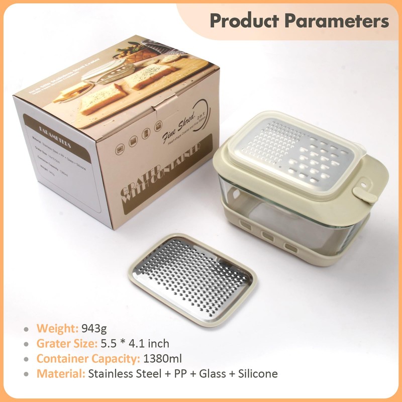 Glass Cheese Grater with Container and Lid, 46OZ Airtight Cheese