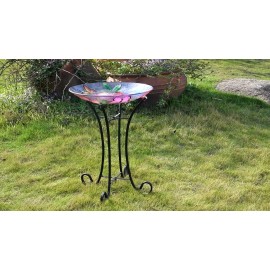 Hi-Line Gift Solar Glass Bird Bath W/Metal Stand-Peonies Summer Water Fountain Garden Decor