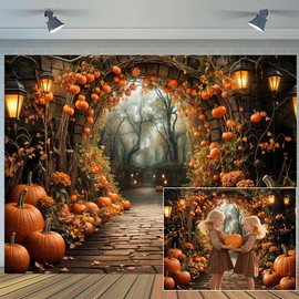 7 x 5 ft Autumn Backdrops Fall Stone Arch Leaves Pumpkin Leaf Path Scenery Photography Background Thanksgiving Yellow Flowers Seasonal Party Photo Studio Props