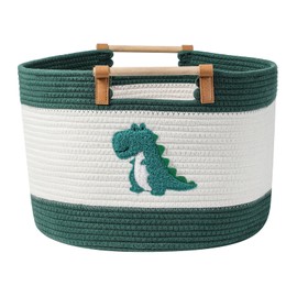 Large Blanket Basket 35L Cotton Rope Basket with Wooden Handles Woven Baskets for Kids Stuffed Animal Toys Storage for Nursery, Laundry Hamper Clothes Baby Hamper Boys Gift Basket Empty, (Dinosaur ）