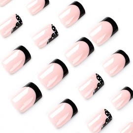 Medium Square Press on Nails Black White French Tips Fake Nails with Starburst Pattern Designs Pink Artificial Acrylic Glossy False Nails Glue on Nails Full Cover Stick on Nails for Women Girls 24 Pcs