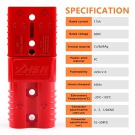 Zhushan 4PCS 1/0 AWG 175A Battery Quick Connect/Disconnect Plugs (Red), 12–36V Heavy Duty Connectors for Car, RV, Winch, Solar, Trailer