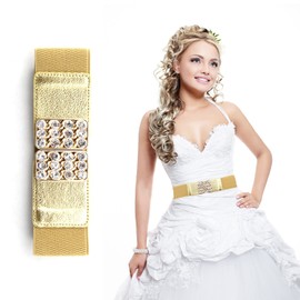 Trimming Shop Women's Elasticated Waist Belt with Gold Famed Buckles & Bejewelled Fake Diamantes, Belts for Fashion Formal, Casual Dress - Adjustable Stretchable Retro Waistband, Gold, 60mm
