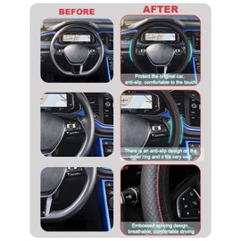 Leather Steering Wheel Cover Universal Non-Slip Breathable Elasticity 3D Embossing Microfibre Car Steering Wheel Cover Protective Steering Wheel Cover 37-38 cm Black Red