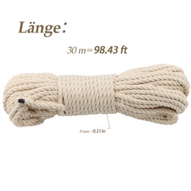 CHEUKYIU Cotton Cord, 8 mm - 30 m Thick Cord, Beige Soft Cotton Rope, Macrame Rope, Braided Rope, Cotton Rope for DIY Gifts, Decoration, Gardening, Packaging