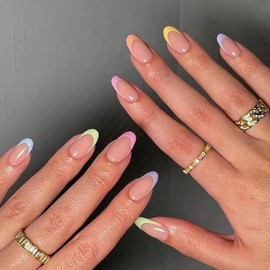 SXVME 24 Pcs Colorful French Tip Press on Nails Short Oval, Acrylic Fake Nails Press ons with Glue, Short Almond Acrylic Natural Nude Glue on Nails for Women, 15 Sizes