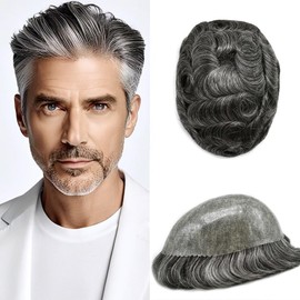 All Poly Toupee for Men Human Hair Replacement Systems Thin Skin PU Injected Mens Toupee Real Human Hairpieces Black Brown Blonde Gray Hair Units 8"X10" #1B50 1B# OFF BLACK WITH 50% SYNTHETIC GREY