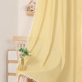 Moslovstar - 1 par de cortinas de lino a cuadros amarillos, estilo rústico, para filtrar la luz, con pompón blanco, 52 pulgadas de ancho x 63 pulgadas de largo