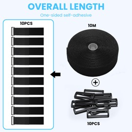 GUIGA 5 cm x 10 m Kabelbinder, wiederverwendbar, Nylon, Rolle mit Klettverschluss für Kabelaufbewahrung (mit 10 Schnallen), frei zu schneiden, Rolle für zu Hause und im Büro (schwarz)