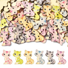KitBeads 100Pcs Random 2-Hole Cat Wooden Buttons Printed Animal Kitten Wood Button for Sewing Knitting Crafting DIY Bulk