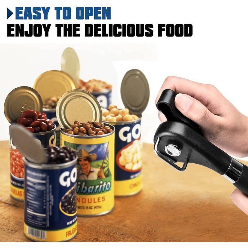 Safety can opener, stainless steel, ergonomic non-slip design with smooth