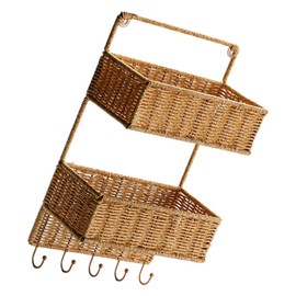 Angoily Woven Wall Mount 2-Tier Storage Sorter Basket with 5 Hooks Rattan Hanging Fruit Basket Kitchen Vegetables Organizers for Cutlery Condiment