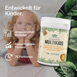naturalie® Multikids | Multivitamin Pulver für Kinder | 12 Vitamine und 7 Mineralstoffe/Spurenelemente | 75 Portionen | ohne unnötige Süßstoffe, Aromen oder Farbstoffe | laborgeprüft auf Schadstoffe