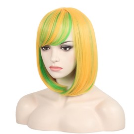 WildCos Short Bob Hair Wigs 14 Inches Straight Synthetic Cosplay Daily Party Wig for Women (Orange Light green)
