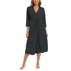 Women Kimono Robes Long Knit Bathrobe Lightweight Soft Knit Sleepwear V-neck Casual Ladies Loungewear Black XXL
