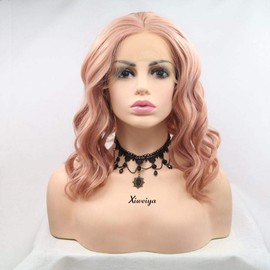Xiweiya Wigs Short Hair Curly Wig Peach Pink Wig Synthetic Bob Lace Front Wig For Women Rose Gold Bob Wig Heat Resistant Wavy Wigs Natural Hairline