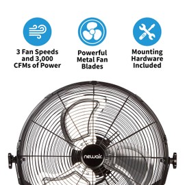 NewAir WindPro18W Wall Mount Fan | High-Velocity Industrial, Shop or Garage Fan | 3 Speed Settings | 3000 CFM | Black