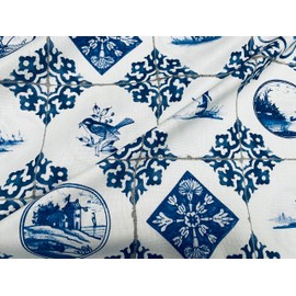 Dutch Tile Geometric Fabric Ceramic Effect Delft Blue Windmills Holland Tulips Cotton Curtains Upholstery Material 140cm Wide Sold by the Metre