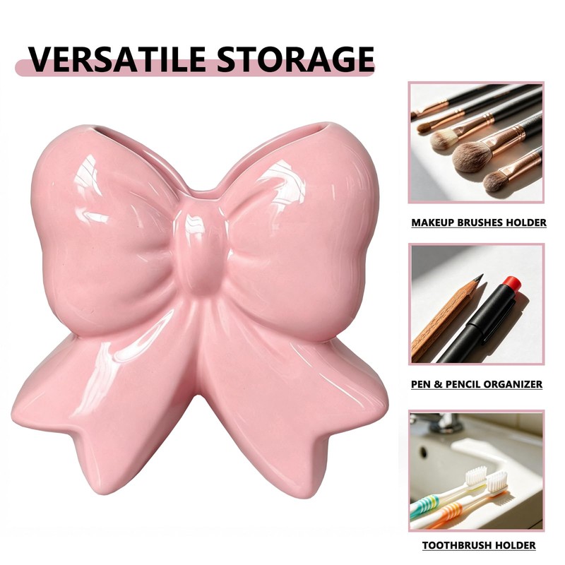 Pink Bow Ceramic Toothbrush Holder, Coquette Bow Vase Multi-Purpose Storage