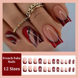 Ceboic 24Pcs French Tip Fake Nails, Full Cover Square Acrylic Press on Nails in 12 Sizes, Short Glossy Stick on Nails, Reusable Nail Art Accessories Manicure Set for Women and Girls - Red Stripes