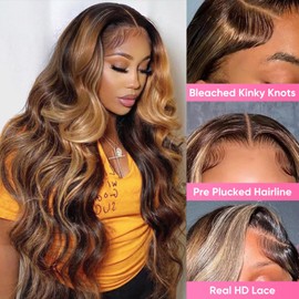 SFTNMEH Honey Blonde Ombre 13x6 Lace Front Wig Human Hair 210 Density Highlight Body Wave Lace Front Wigs Human Hair Pre Plucked Glueless Lace Frontal Wig for Women 4/27 Colored 24Inch